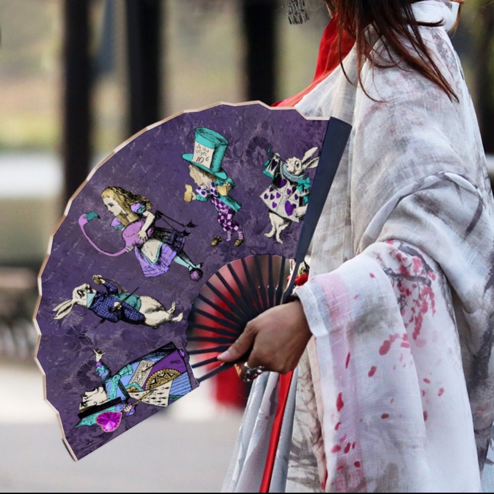 Dark Alice in Wonderland Spun Silk Japanese Folding Hand Fan